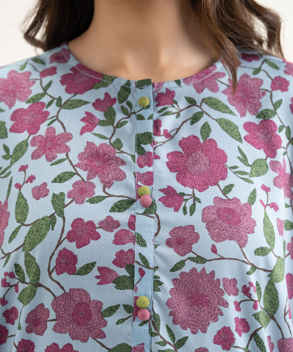 Women's RTW Arabic Lawn Printed Blue Drop Shoulder Shirt