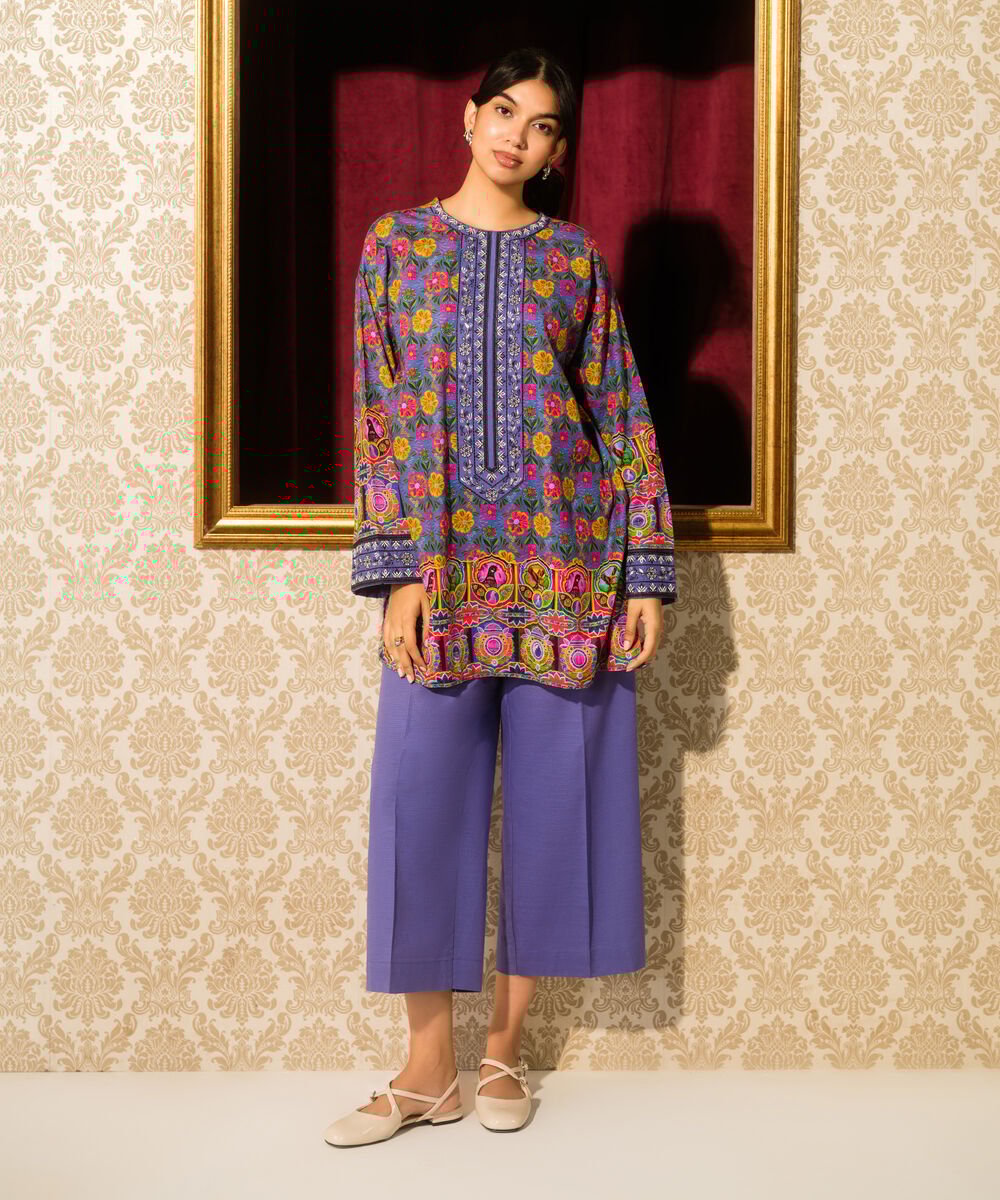 Embroidered Light Khaddar Shirt Women's RTW Light Khaddar Embroidered Light Purple Boxy Shirt