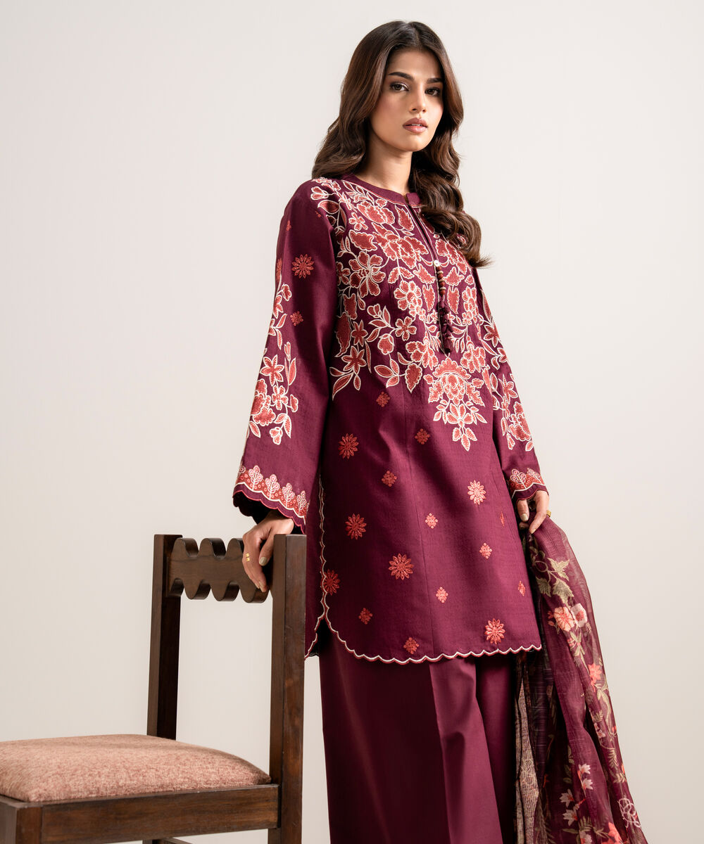 Women's Unstitched Embroidered Dobby Plum 3 Piece Suit