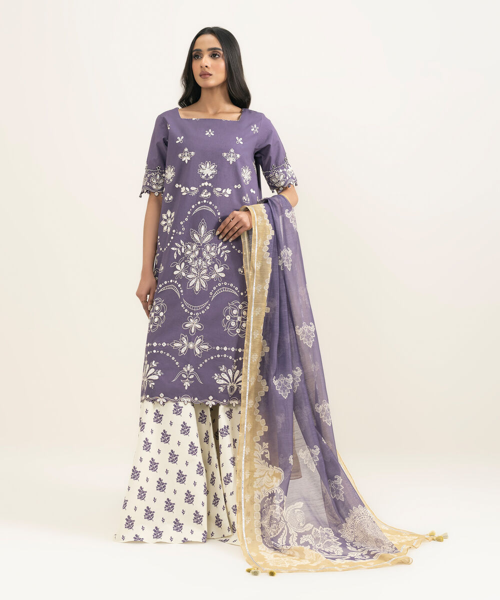 Women's Unstitched Textured Lawn Embroidered Purple 3 Piece Suit