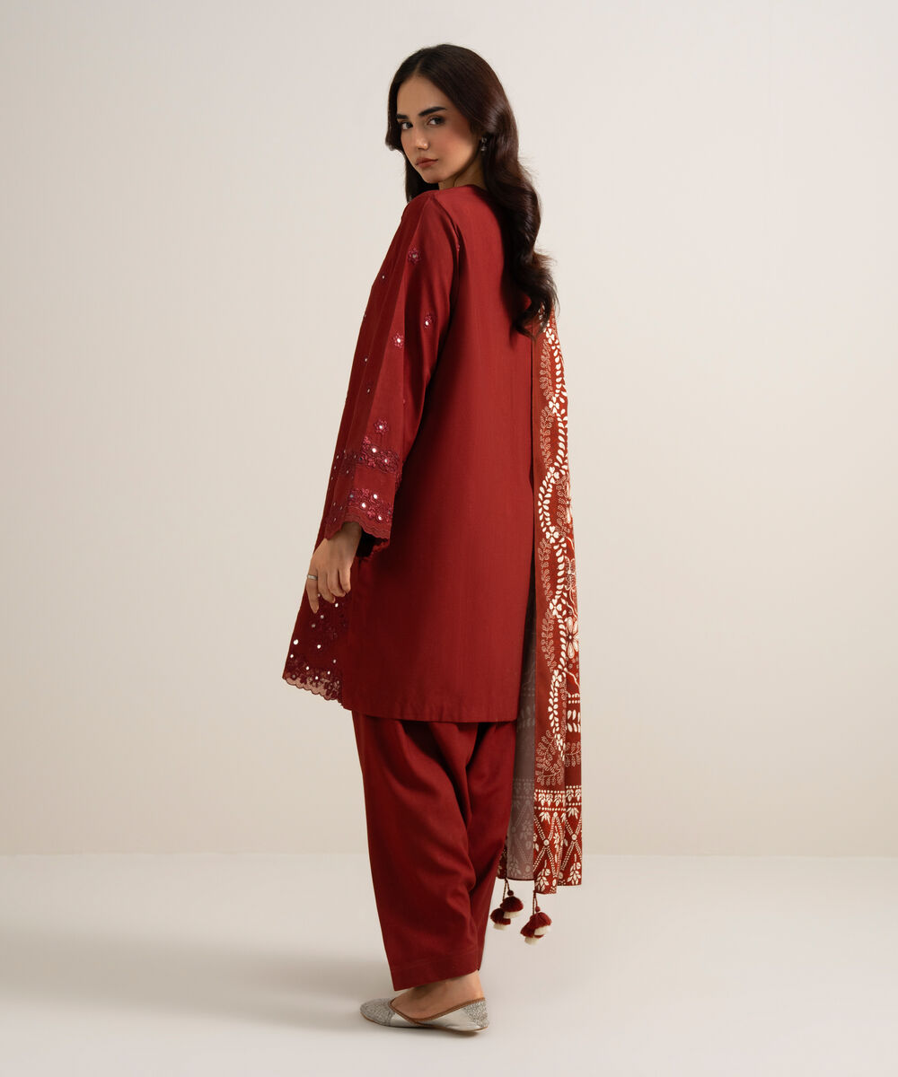 Women's Unstitched Embroidered Linen Maroon 3 Piece Suit