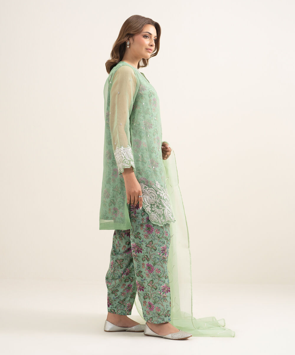 Women's RTW Blended Organza Embroidered Green 3 Piece Suit