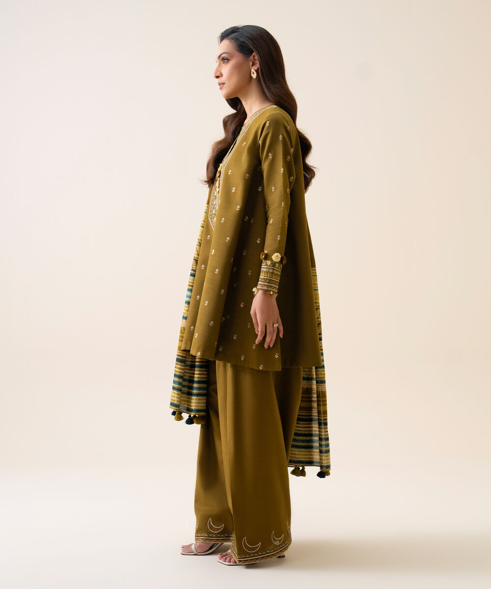 Women's Unstitched Light Khaddar Embroidered Mustard 3 Piece Suit