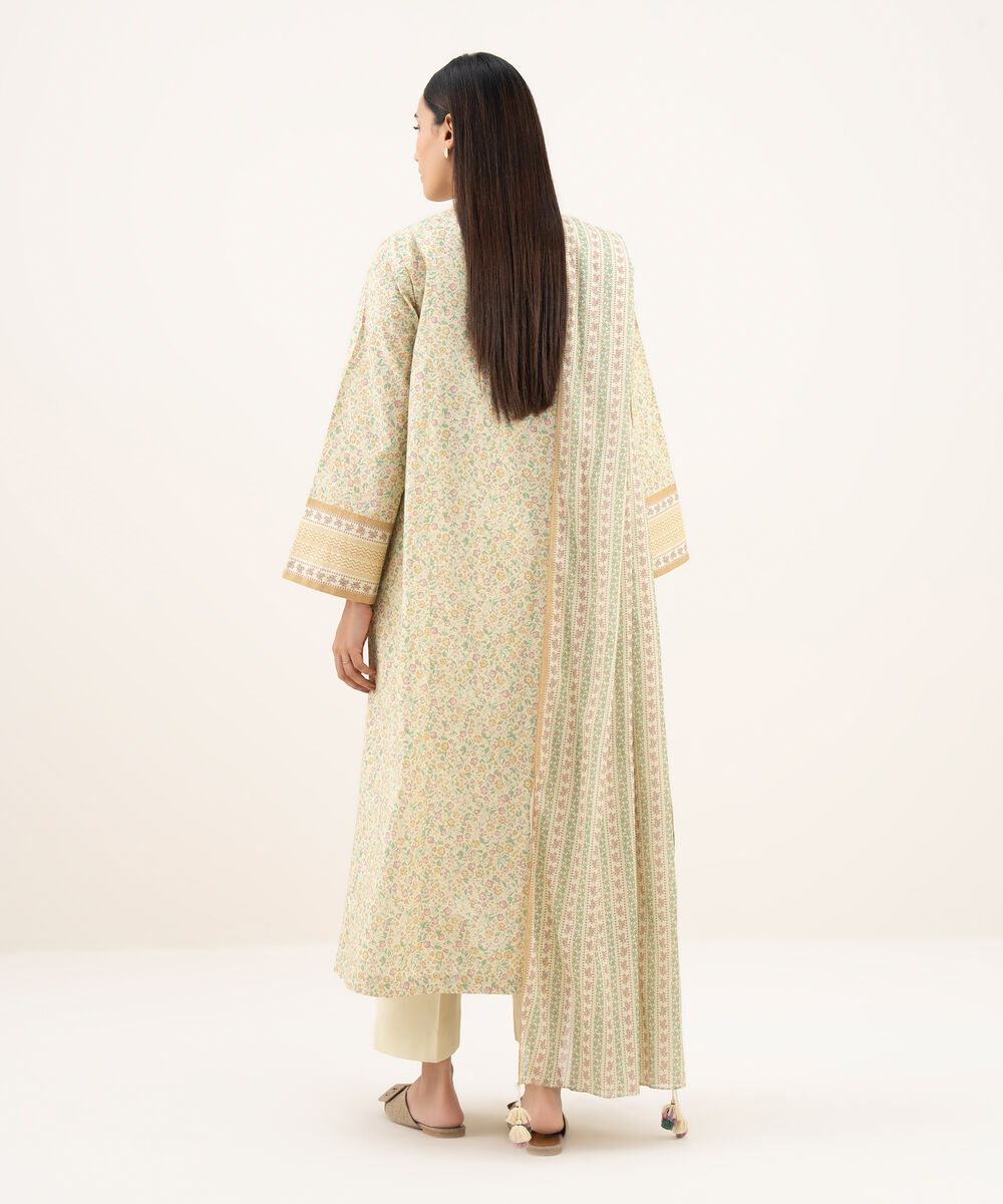 Women's Unstitched Cotton Printed Yellow 3 Piece Suit