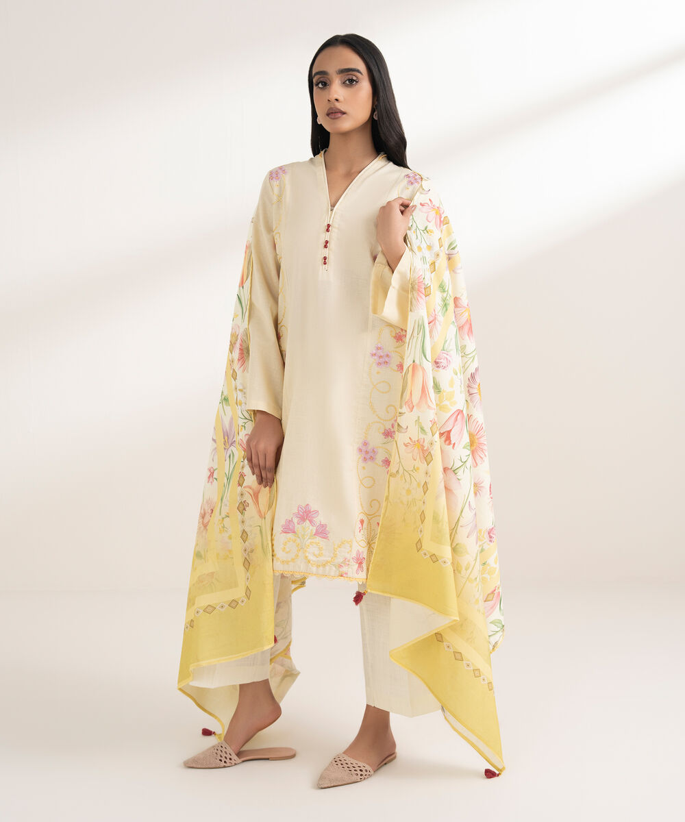 Women's RTW Khaddar Embroidered Pale Yellow 2 Piece Suit