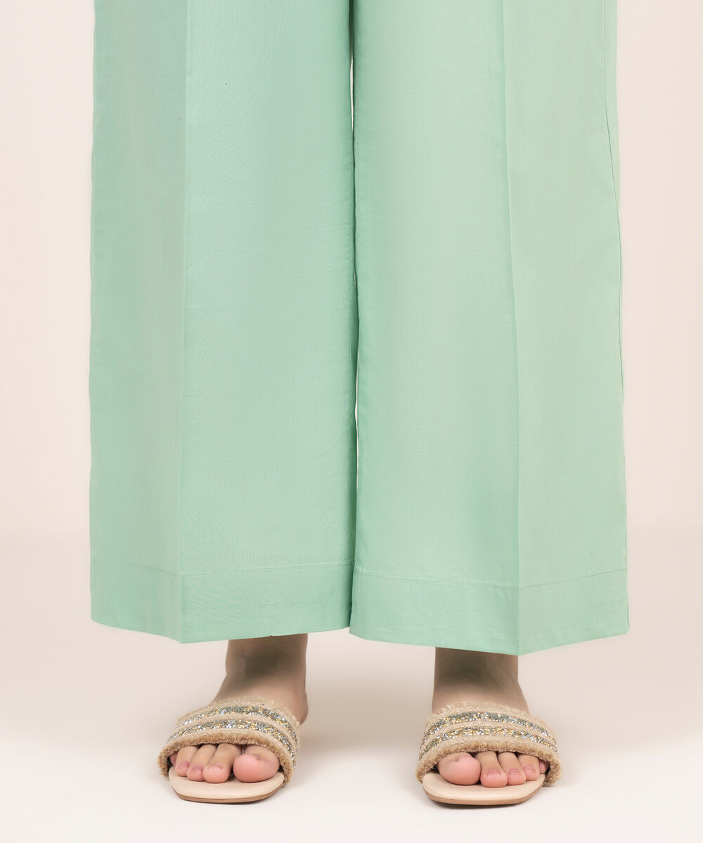 Women's RTW Cambric Green Solid Straight Pants
