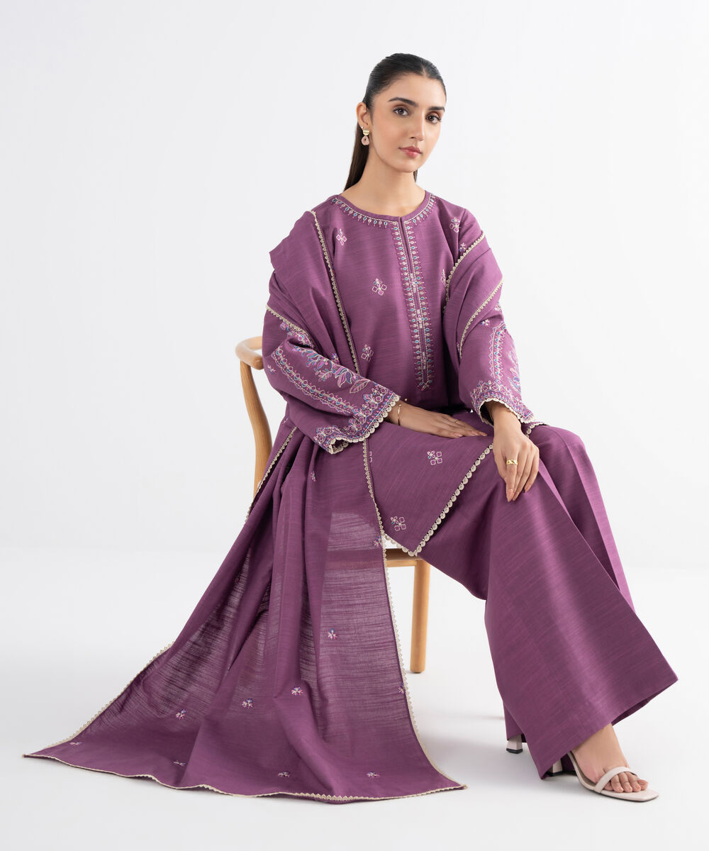 Women's Unstitched Khaddar Embroidered Purple 3 Piece Suit