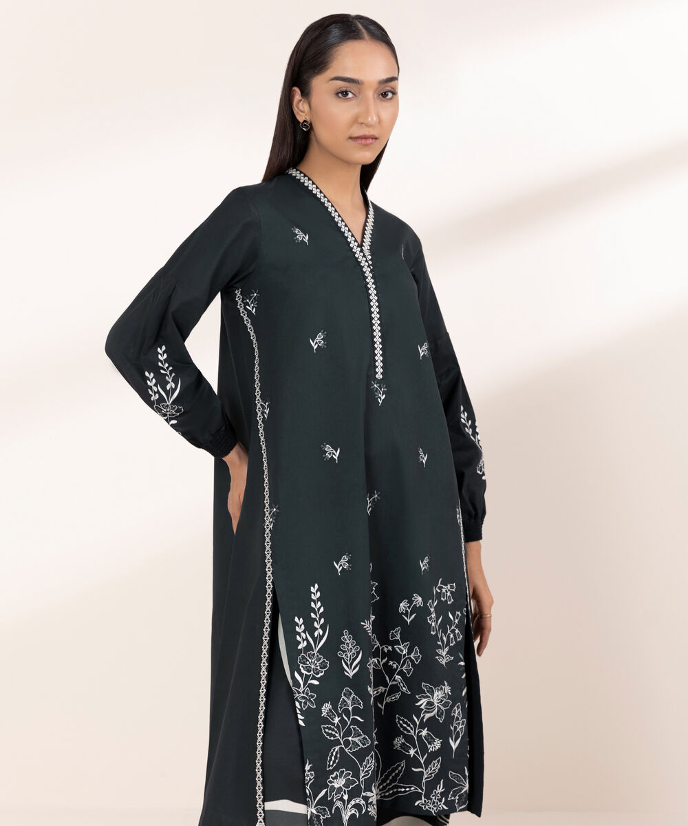 Women's Unstitched Cotton Embroidered Black 2 Piece Suit