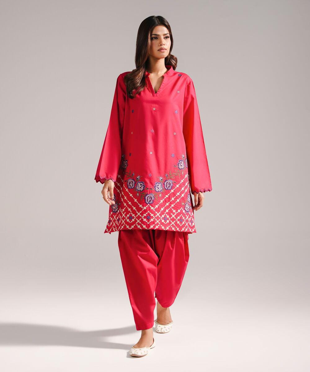 Women's RTW Slub Lawn Embroidered Red Straight Shirt