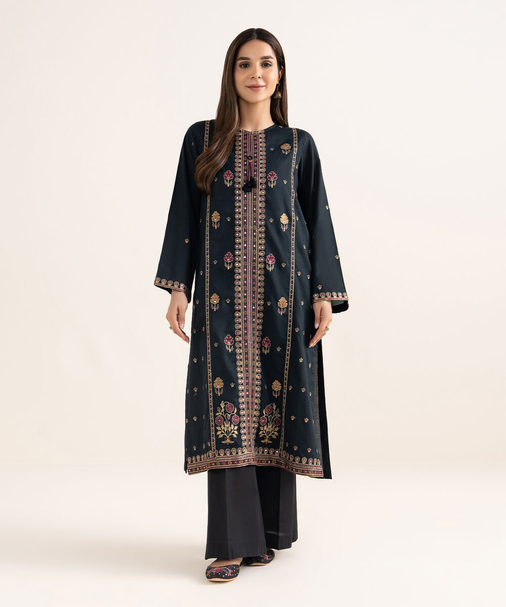 Women's RTW Textured Cotton Black Embroidered A-Line Shirt