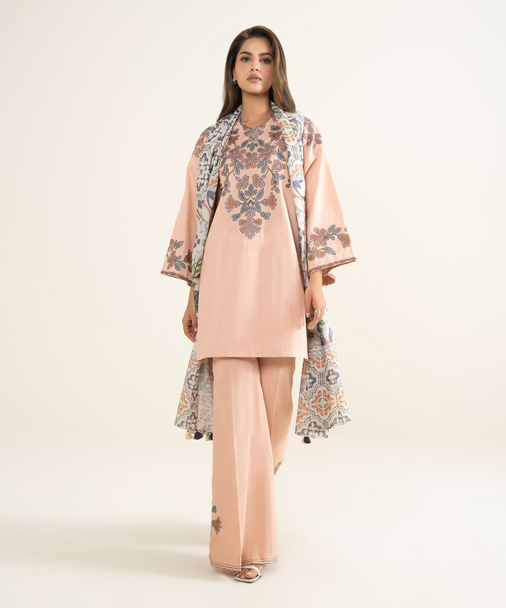 Women's Unstitched Textured Lawn Embroidered Pink 3 Piece Suit