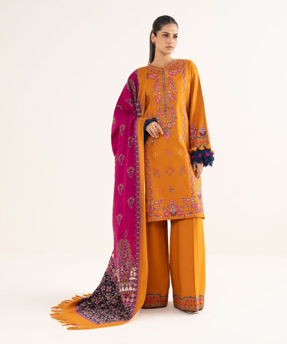 Women's Unstitched Twill Embroidered Orange 3 Piece Suit