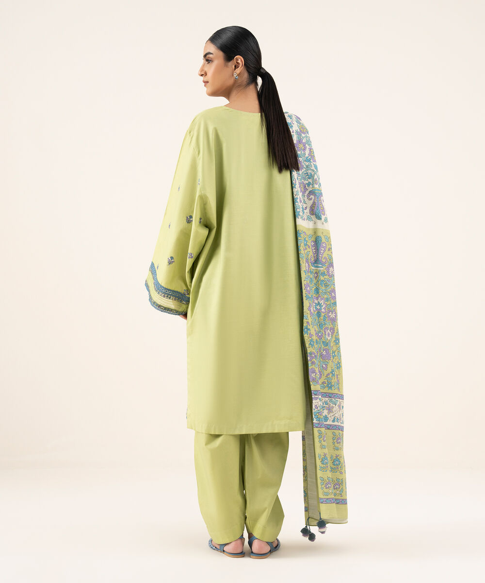 Women's Unstitched Textured Cotton Embroidered Green 2 Piece Suit