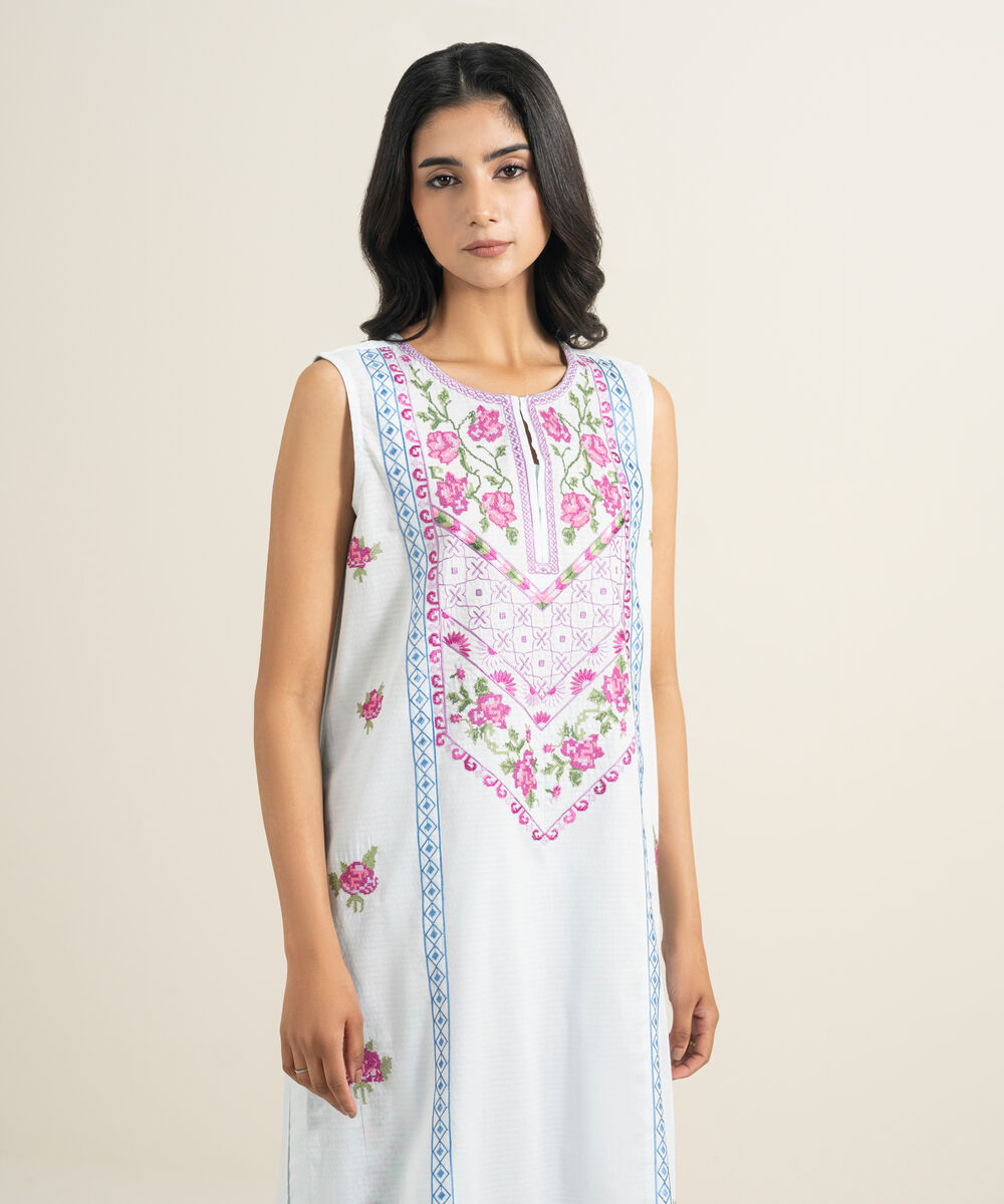 Women's RTW Dobby Embroidered Blue Straight Shirt