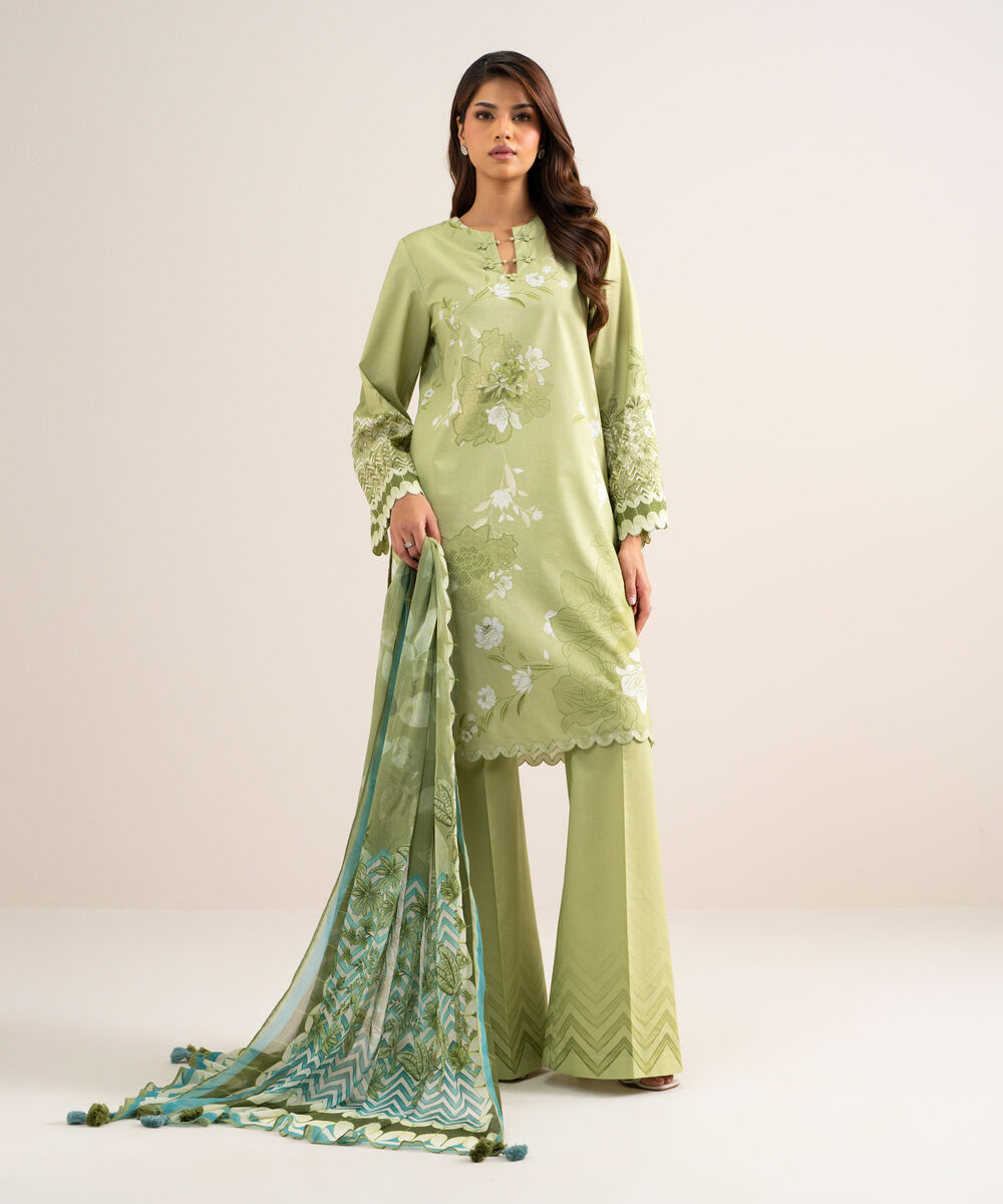 Women's Unstitched Lawn Printed Green  3 Piece Suit