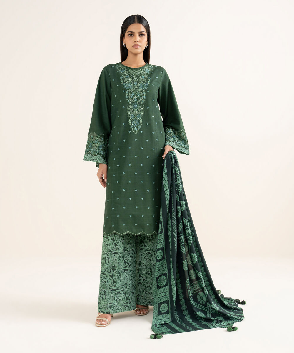 Women's Unstitched Khaddar Embroidered Green 3 Piece Suit