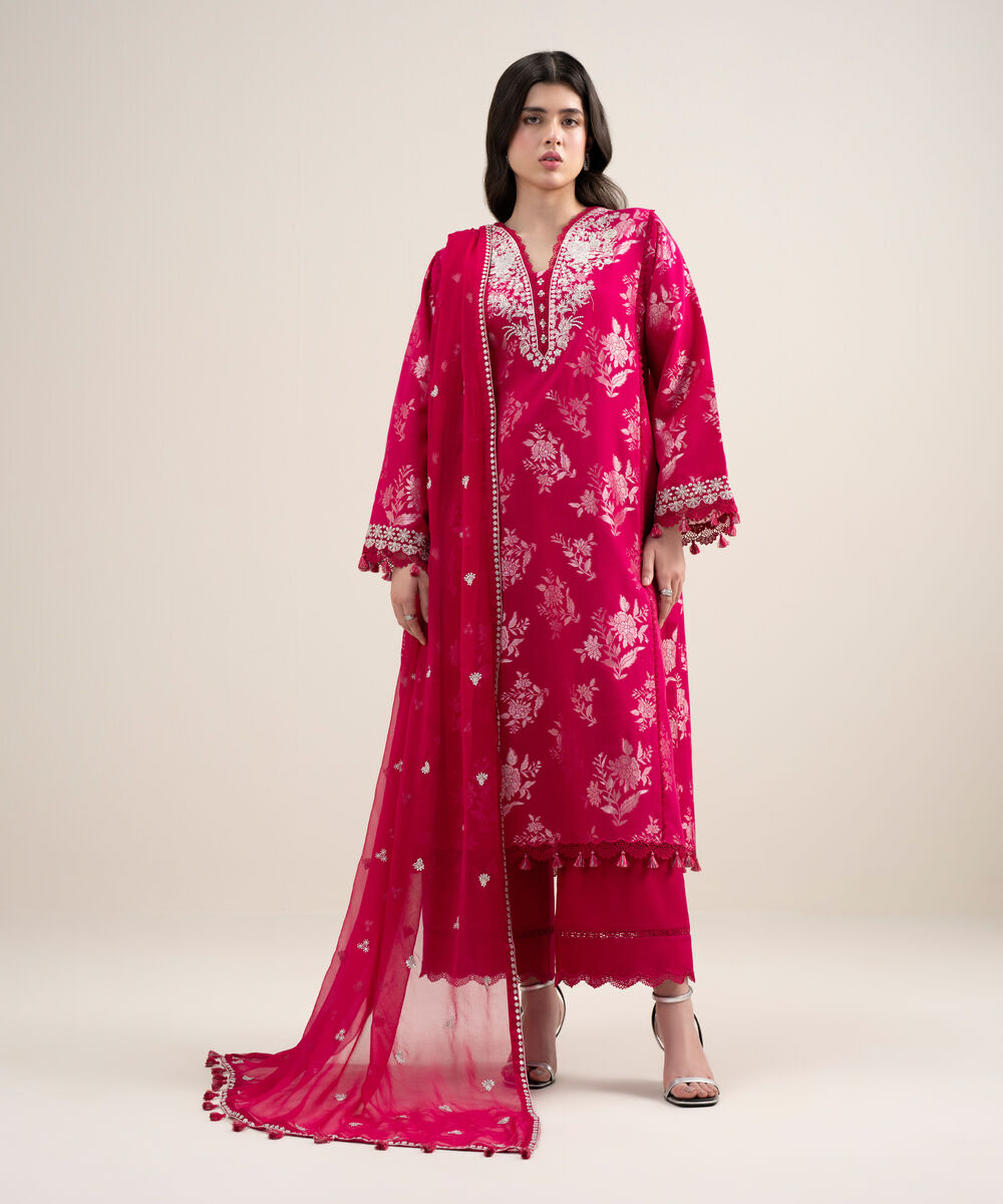 Women's Unstitched Extra Weft Jacquard Embroidered Pink 3 Piece Suit