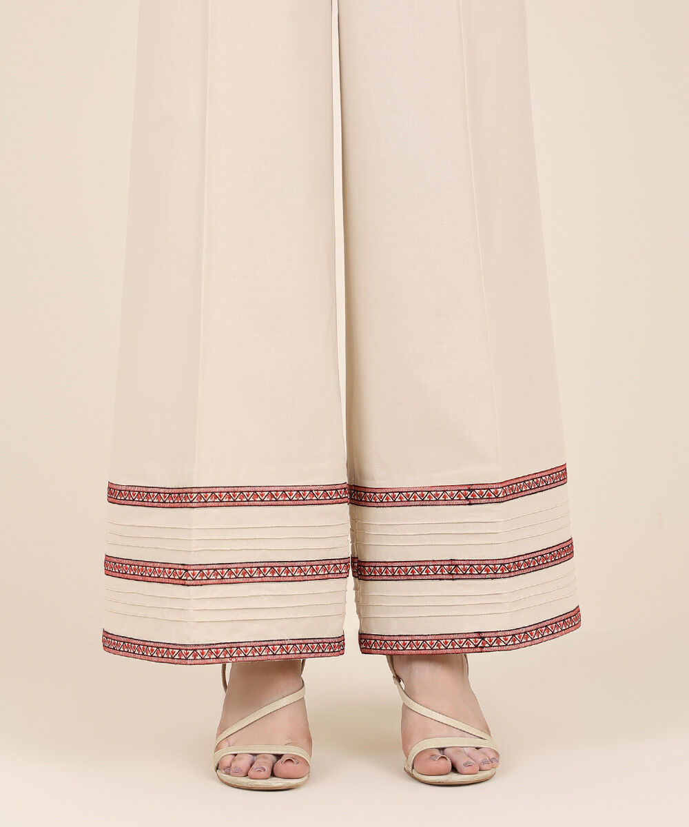 Women's RTW Cambric Beige Embroidered Flared Pants
