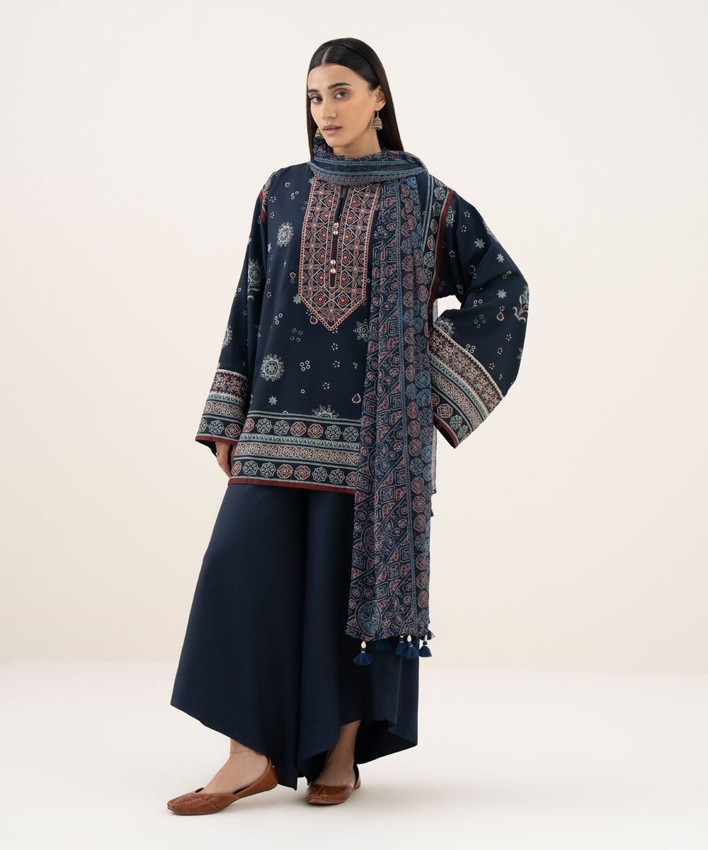 Women's Unstitched Light Linen Printed Blue 3 Piece Suit