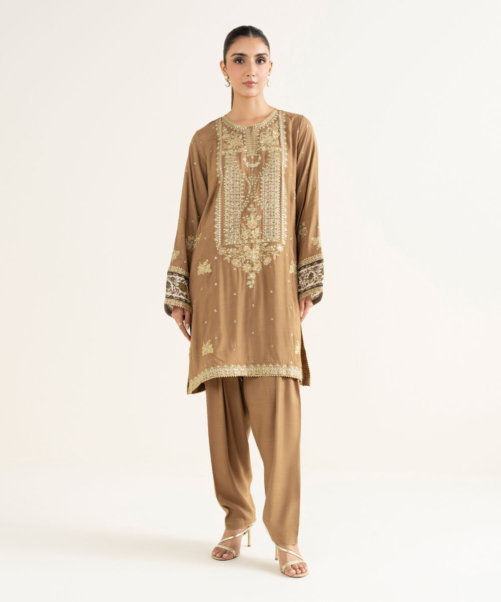 Women's RTW Viscose Raw Silk Embroidered Beige 2 Piece Suit
