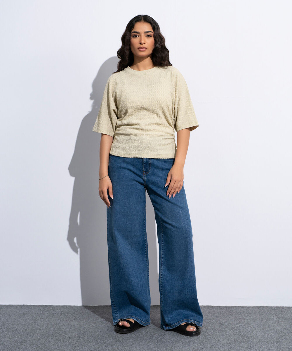 Women's Beige Cinched Waist Textured T-Shirt