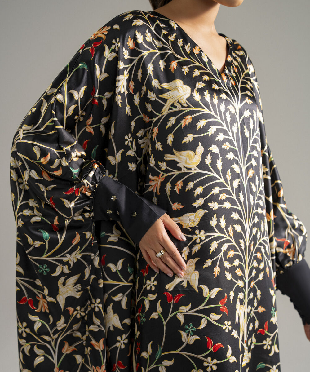 Women's RTW Blended Satin Printed Black Kaftan