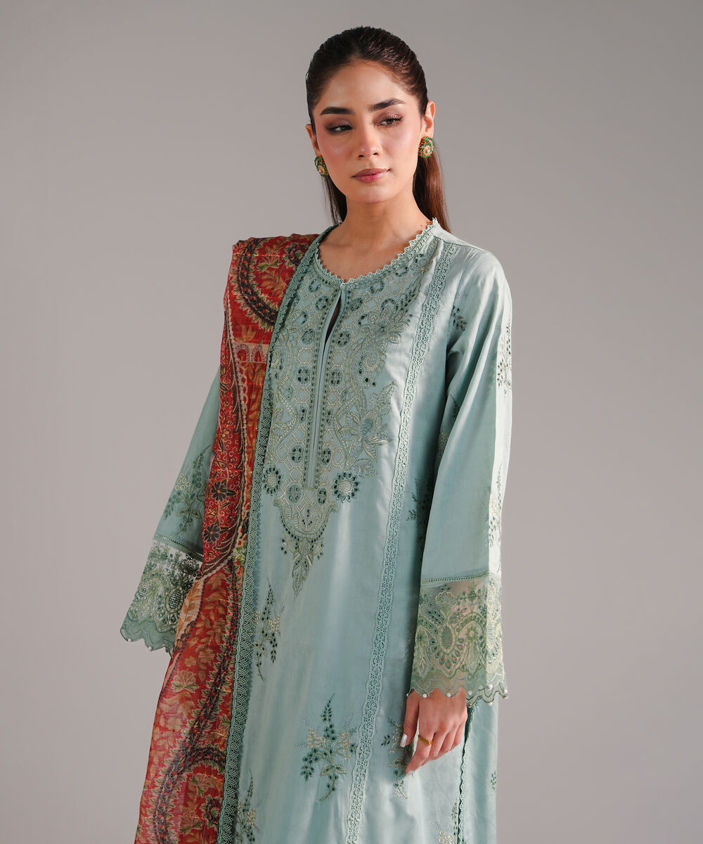 Women's RTW Self Jacquard Embroidered Seafoam Green 3 Piece Suit