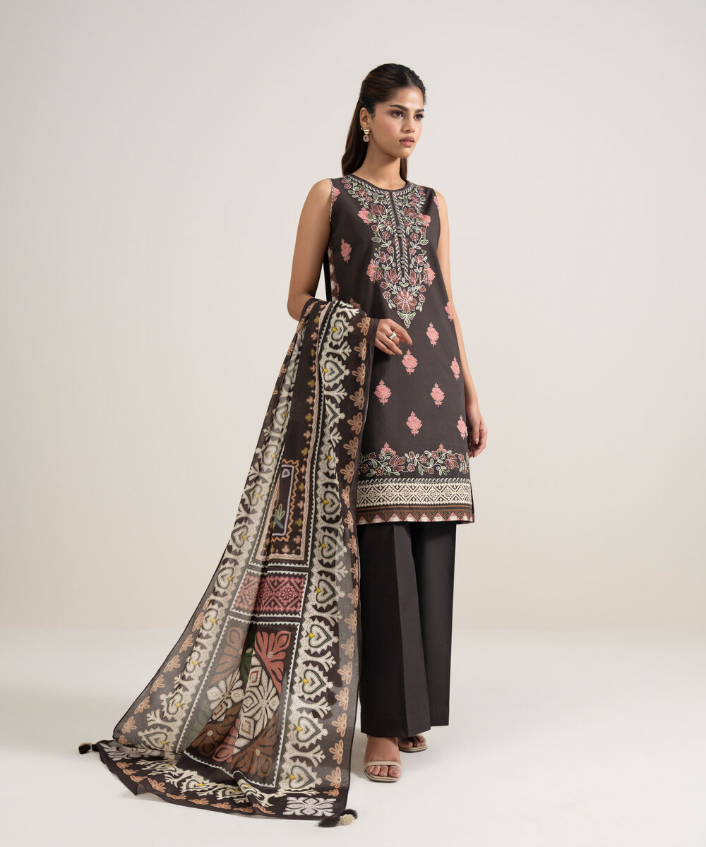 Women's Unstitched Lawn Embroidered Brown 3 Piece Suit