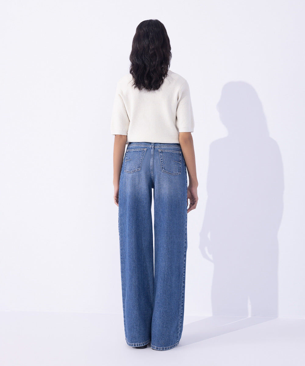 Woman - Blue Wide Leg Jeans with Side Panel