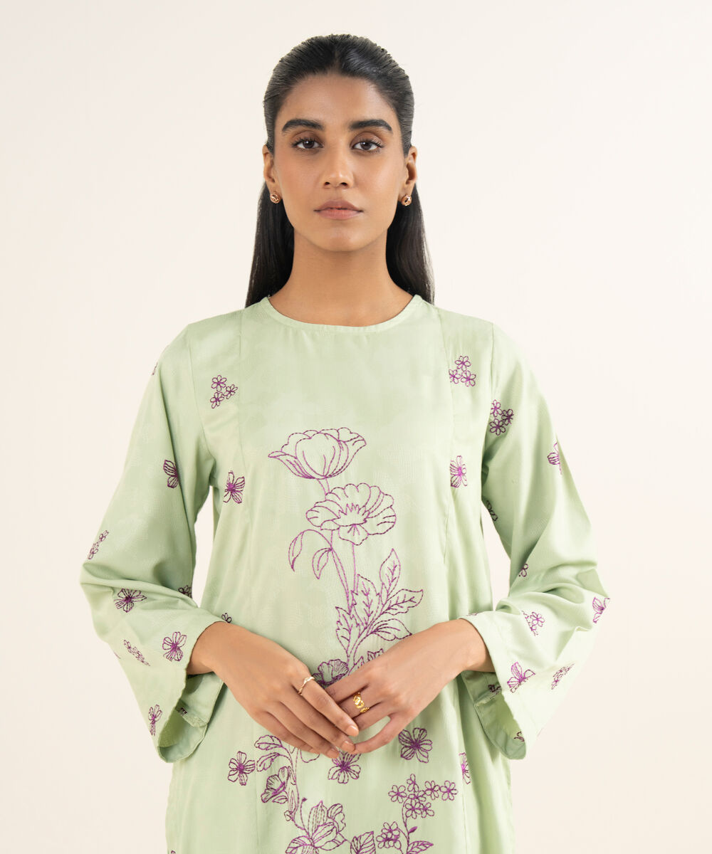 Women's RTW Self Jacquard Leno Embroidered Green Straight Shirt
