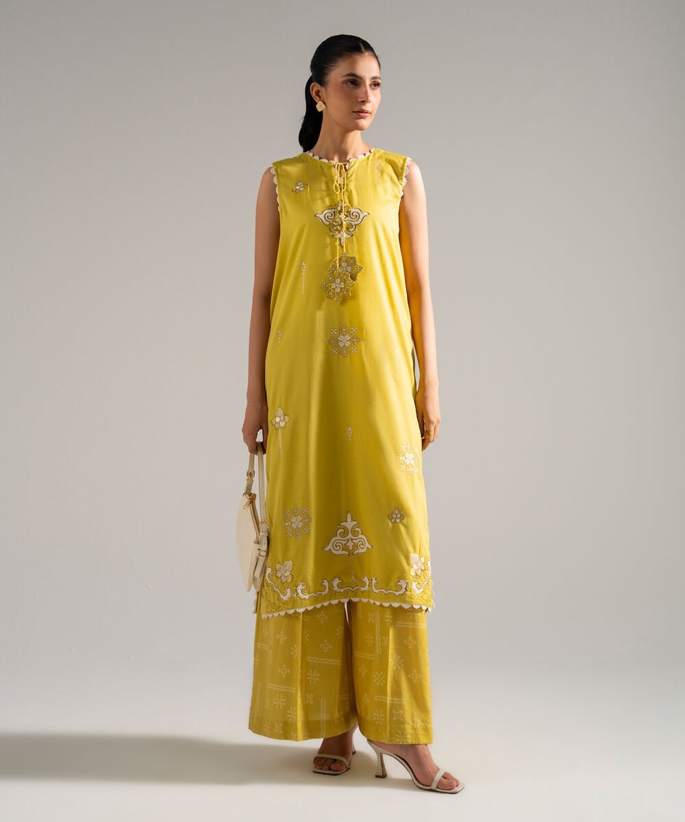 Women's RTW Dobby Embroidered Yellow 2 Piece Suit