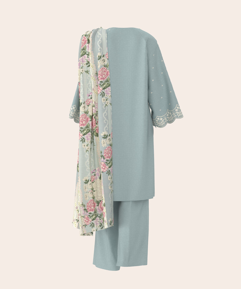 Women's Unstitched Self Jacquard Blue Embroidered 3 Piece Suit