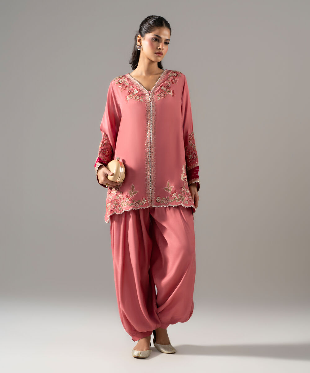 Women's RTW Thai Silk Solid Embroidered Pink 2 Piece Suit