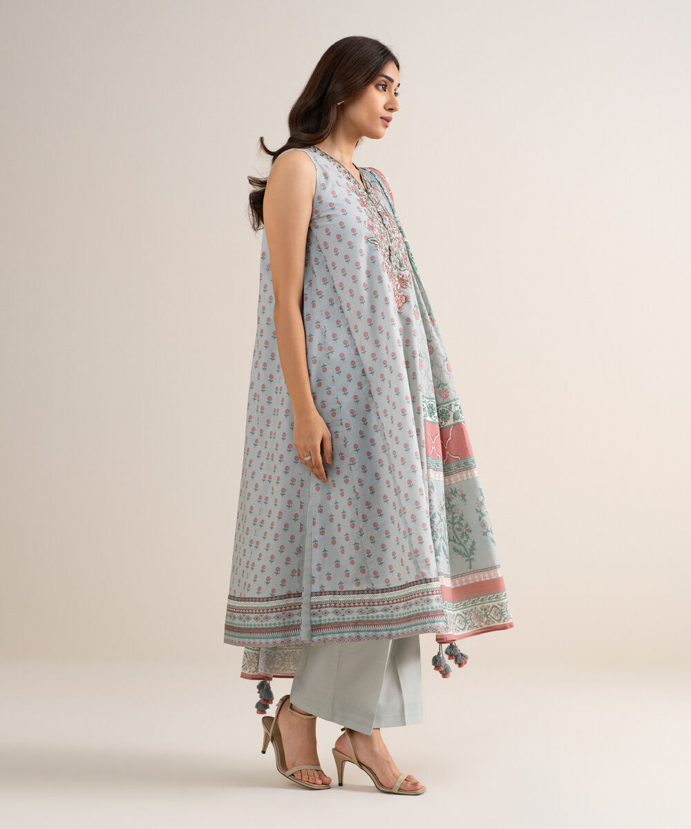Women's Unstitched Lawn Embroidered Grey 3 Piece Suit