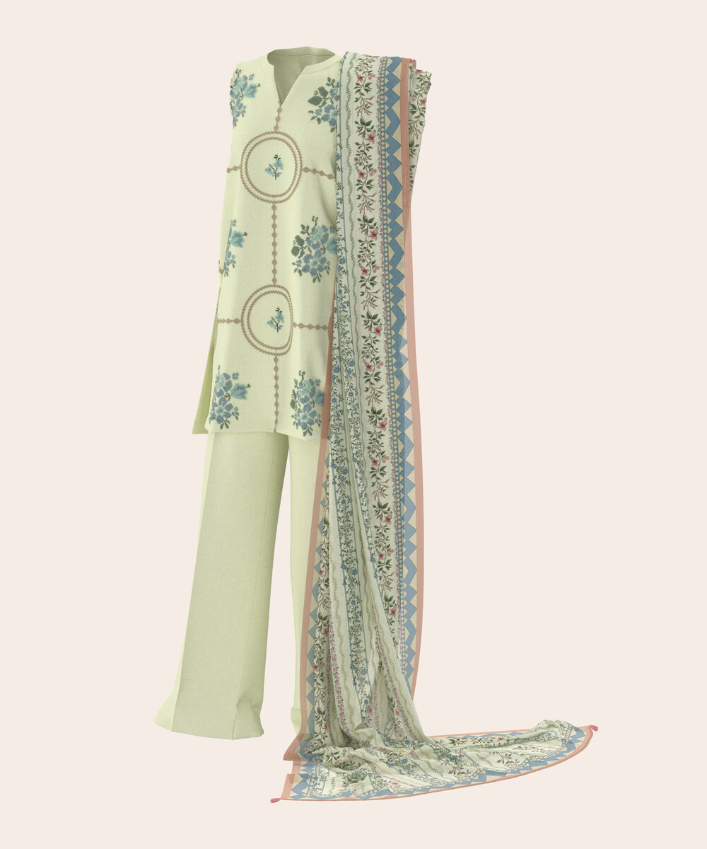 Women's Unstitched Self Jacquard Cream  Embroidered 3 Piece Suit