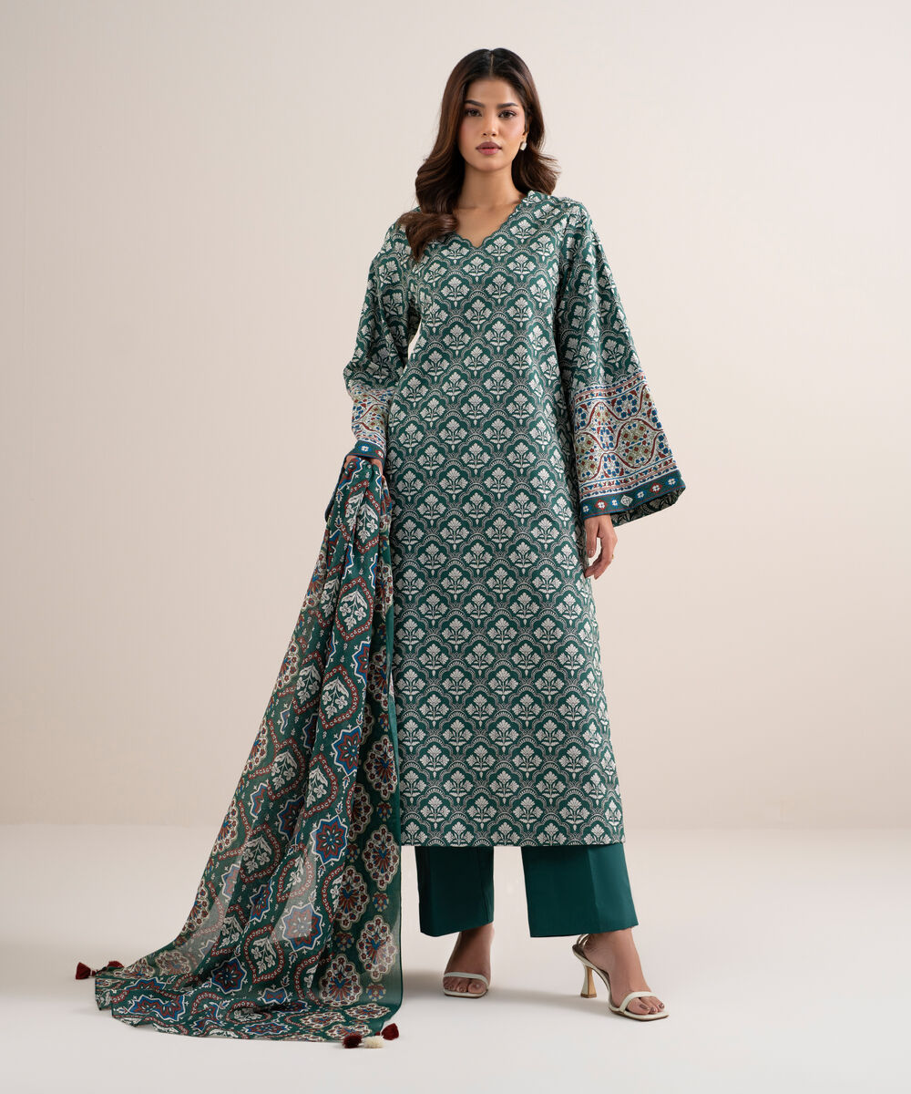 Women's Unstitched Lawn Printed Green 3 Piece Suit