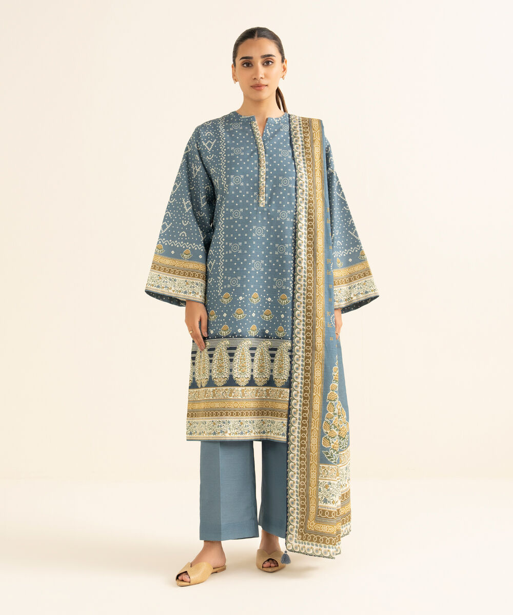Women's Unstitched Khaddar Printed Blue 3 Piece Suit