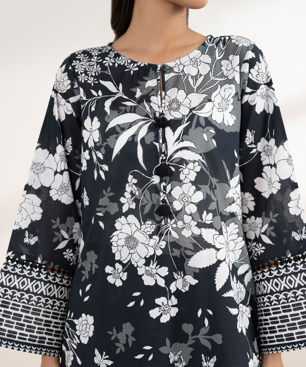 Women's RTW Cambric Black Printed A-Line Shirt