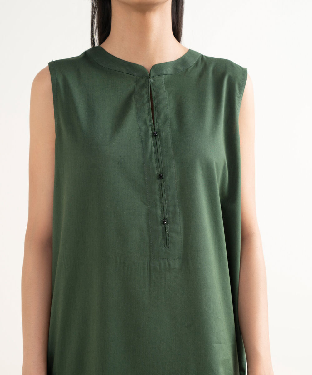 Women's RTW Cotton Viscose Solid Straight Green Shirt