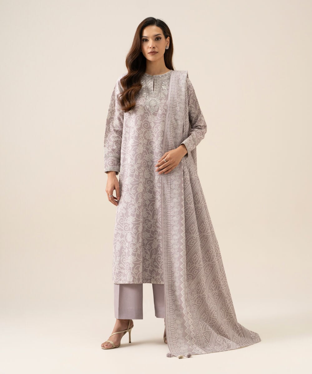 Women's Unstitched Light Khaddar Printed Light Grey 3 Piece Suit