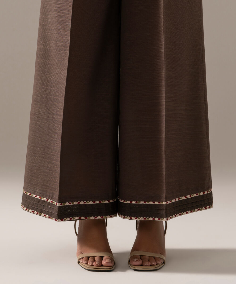Women's RTW Khaddar Solid Brown Flared Pants