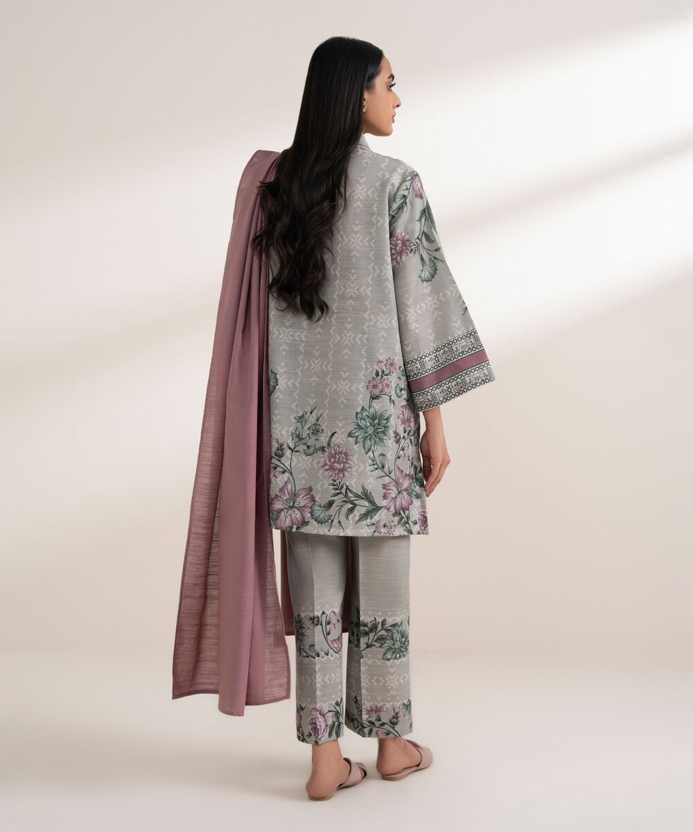 Women's RTW Khaddar Printed Grey 3 Piece Suit