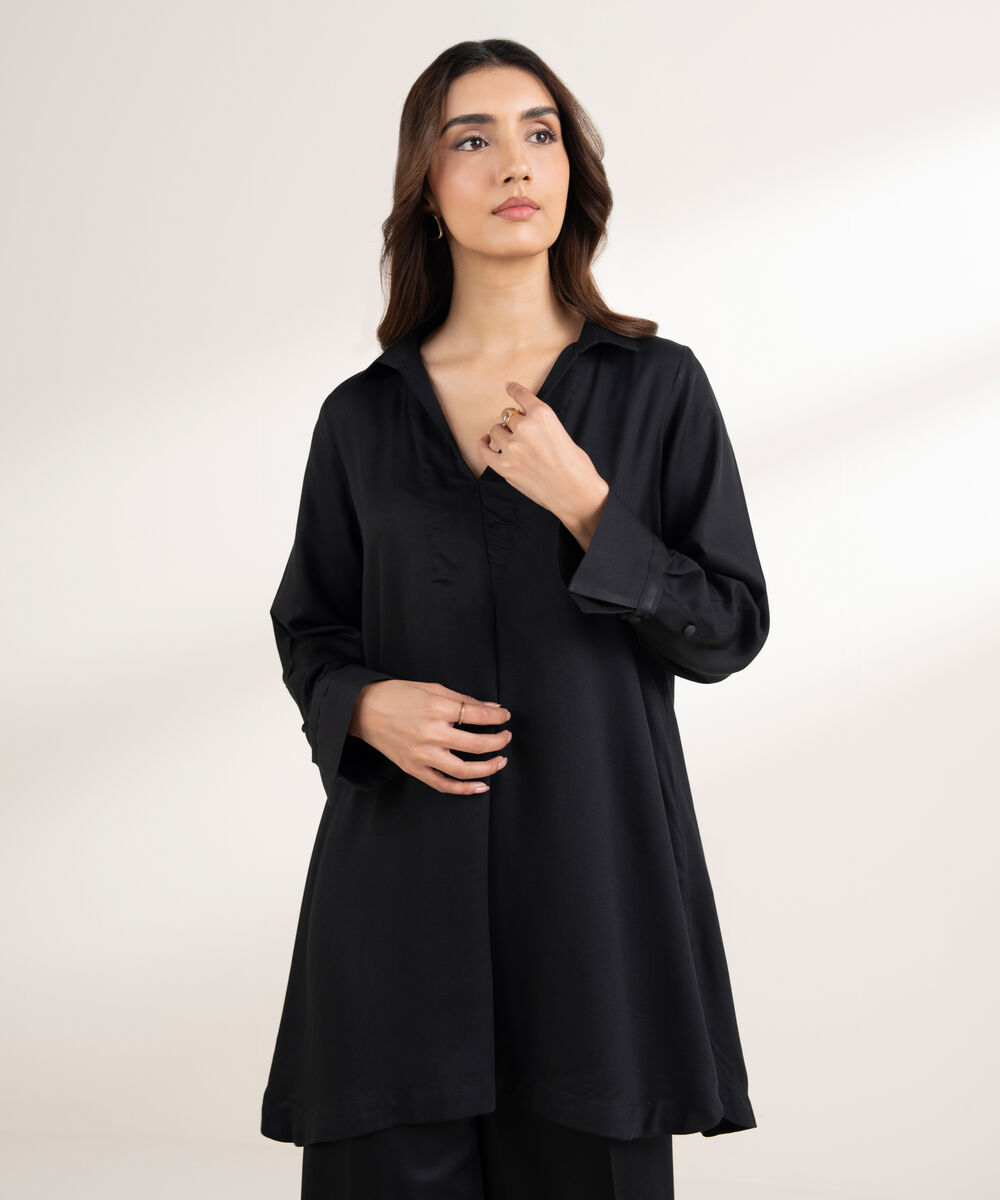 Women's RTW Bedford Solid Button Down Black Shirt