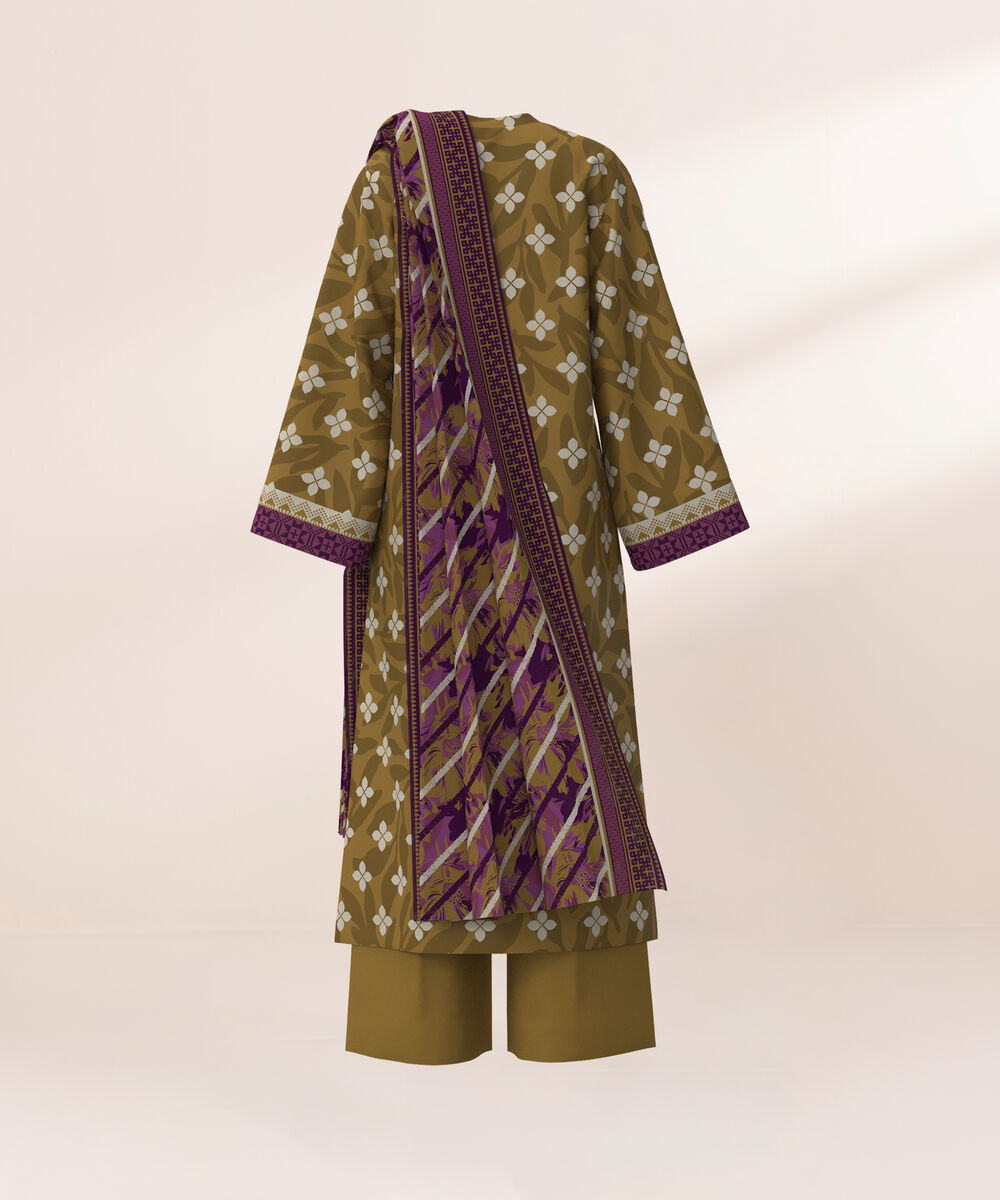 Women's Three Piece Printed Mustard Lawn Suit