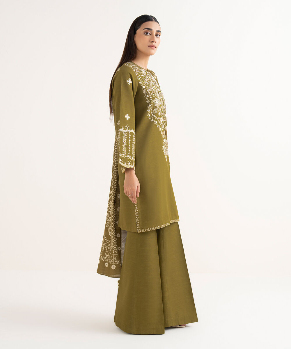 Women's Unstitched Light Khaddar Embroidered Green 3 Piece Suit