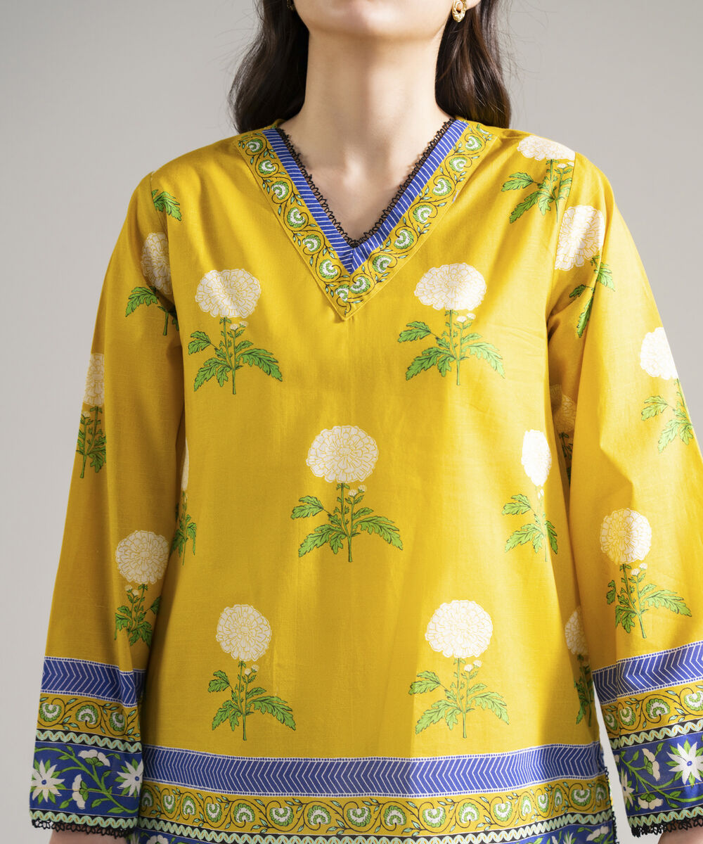 Women's RTW Slub Lawn Printed Mustard Yellow Straight Shirt