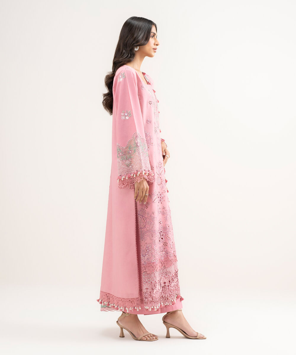 Women's Unstitched Lawn Embroidered Pink 3 Piece Suit