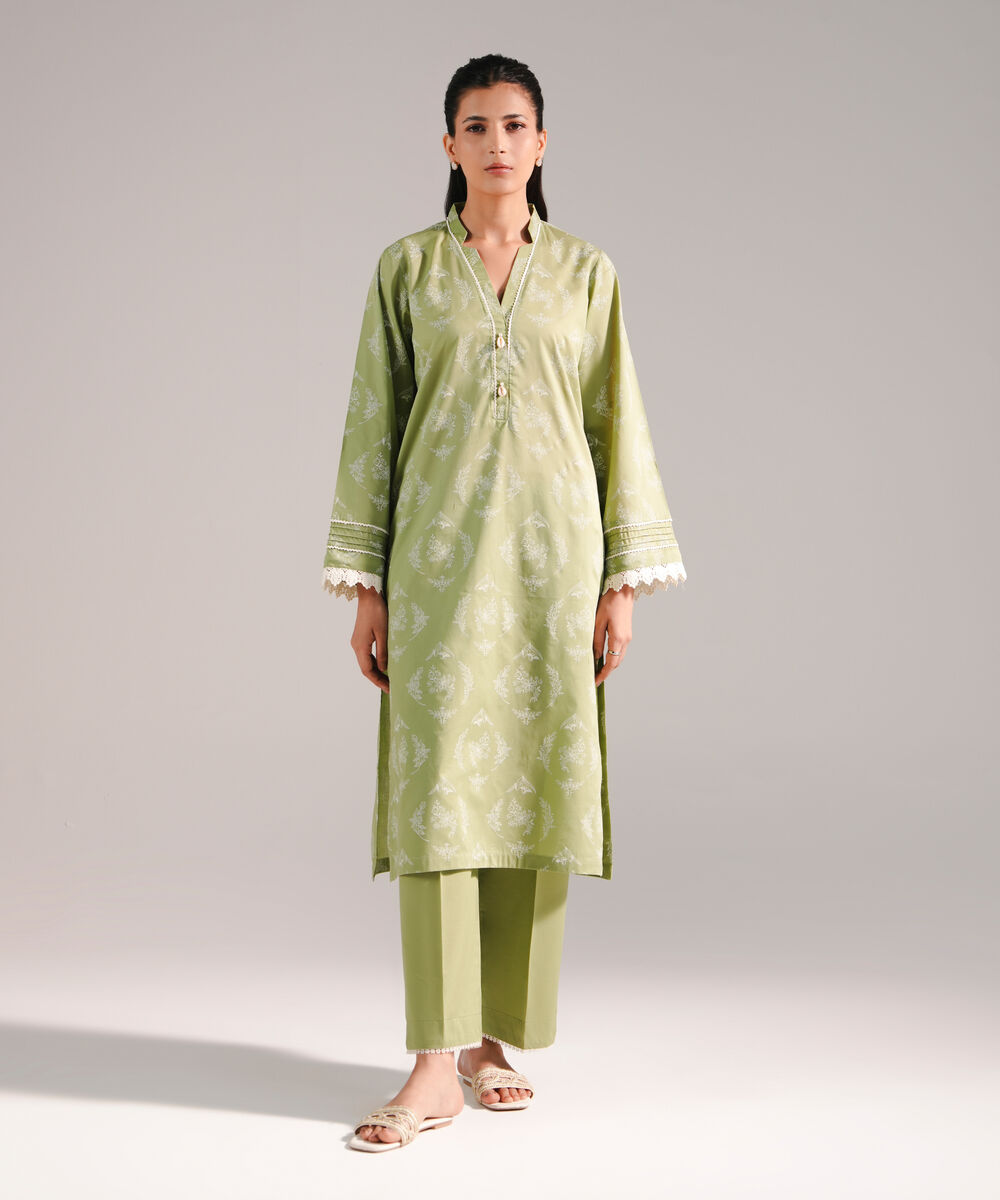 Women's RTW Lawn Printed Green Straight Shirt