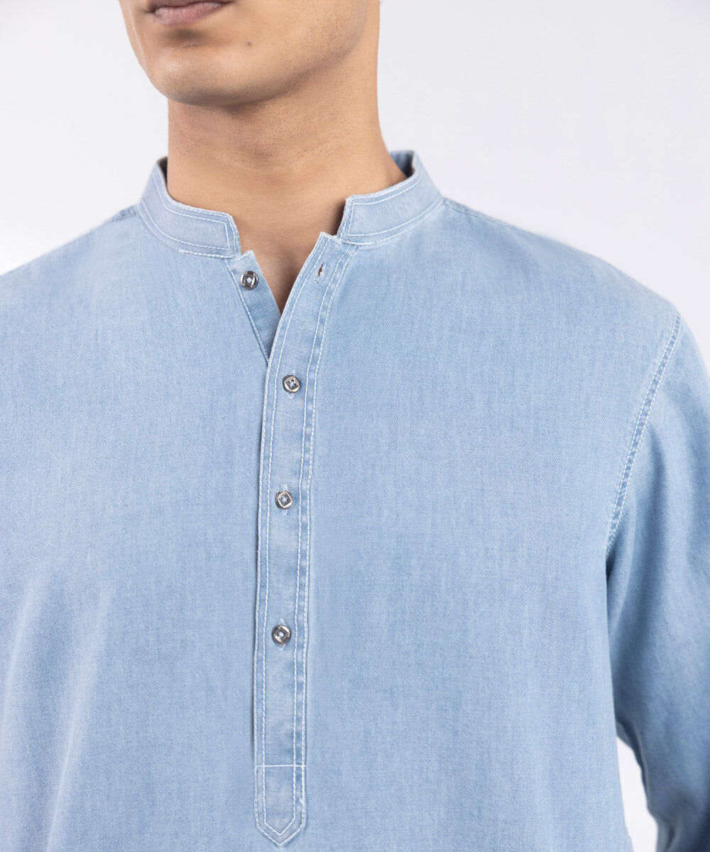 Men's Stitched Denim Blue Kurta