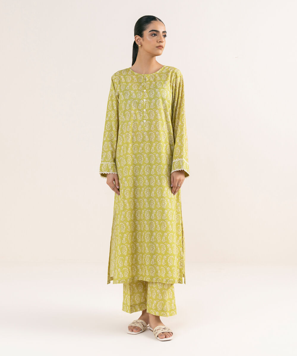 Women's RTW Textured Lawn Yellow Printed A-Line Shirt